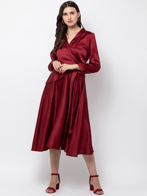 

DODO & MOA Women Maroon Solid Wrap Dress With Satin Finish