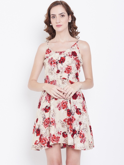 

DODO & MOA Women Beige & Red Floral Printed A-Line Dress