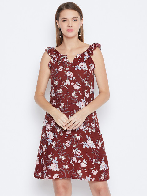 

DODO & MOA Women Maroon & Oink Floral Printed A-Line Dress