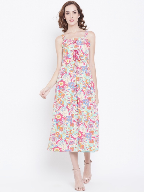 

DODO & MOA Women Pink & Blue Floral Printed A-Line Dress