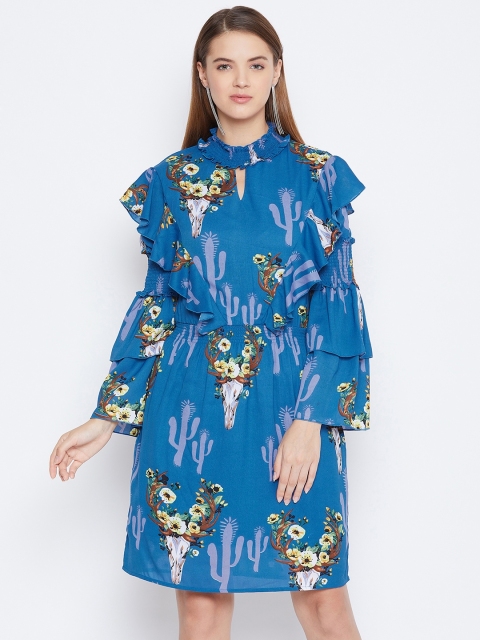 

DODO & MOA Women Blue Printed Ruffled A-Line Dress
