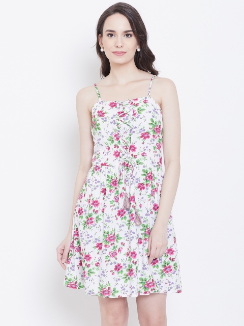 

DODO & MOA Women White & Pink Floral Printed A-Line Dress