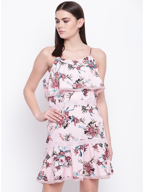 

DODO & MOA Women Pink & Black Floral Printed Layered A-Line Dress