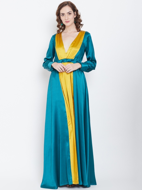 

DODO & MOA Women Teal Green & Mustard Yellow Colourblocked Maxi Dress