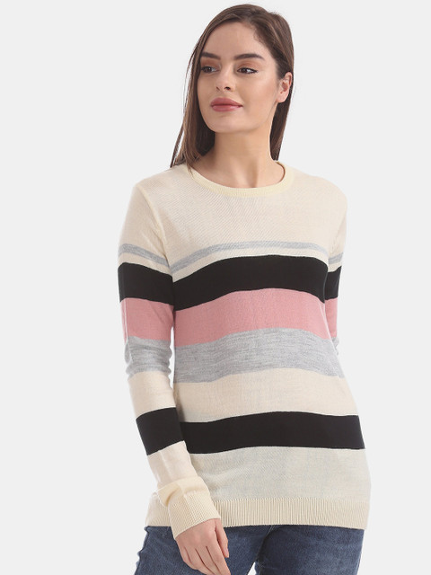 

Cherokee Women Off-White & Black Striped Sweater