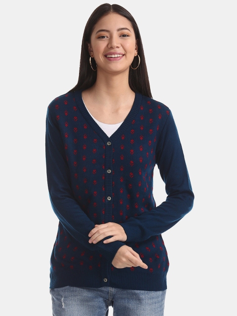 

Cherokee Women Navy Blue & Red Self Design Cardigan