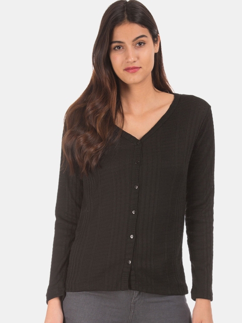 

Cherokee Women Black Self-Design Cardigan Sweater