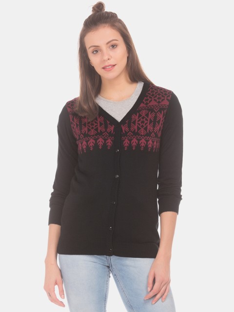 

Cherokee Women Black Self-Design Cardigan Sweater