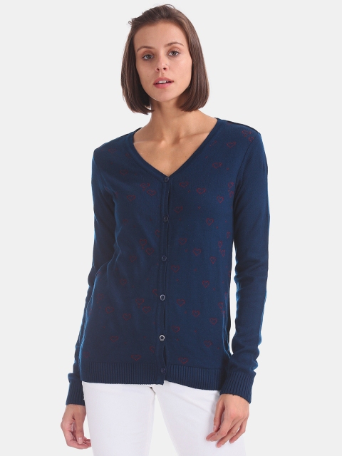 

Cherokee Women Navy Blue & Red Quirky Self-Design Cardigan Sweater