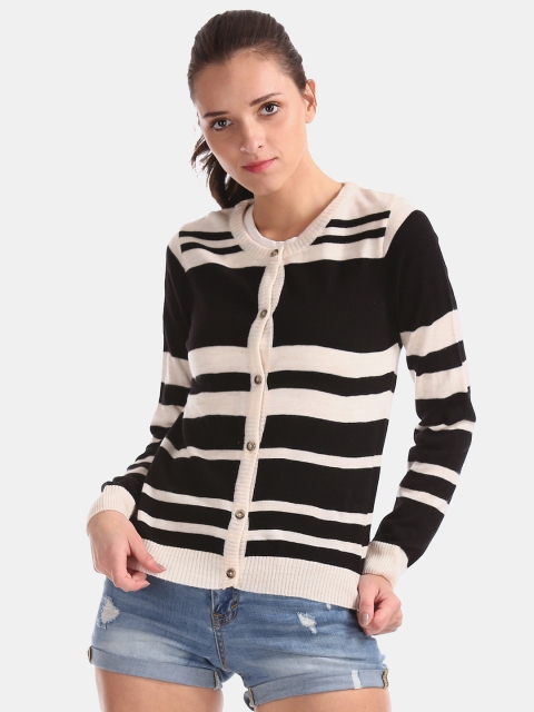 

Cherokee Women Black & Beige Striped Cardigan Sweater