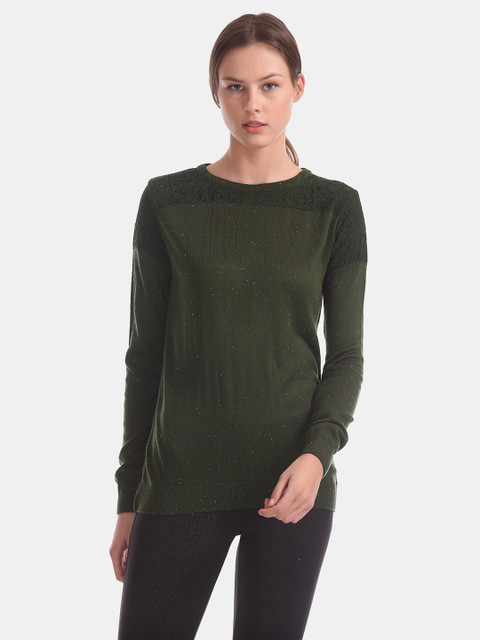 

Cherokee Women Olive Green Speckled Self-Design Pullover Sweater