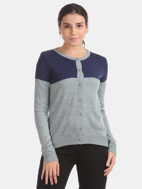 

Cherokee Women Grey & Navy Blue Colourblocked Cardigan