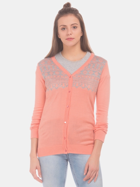 

Cherokee Women Peach-Coloured & Grey Self Design Cardigan