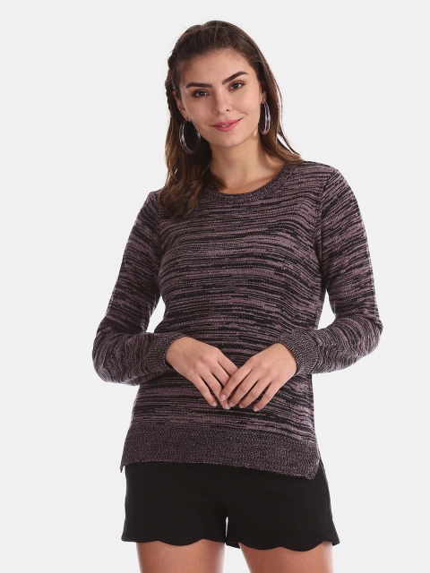 

Cherokee Women Black & Lavender Self-Striped High-Low Pullover Sweater