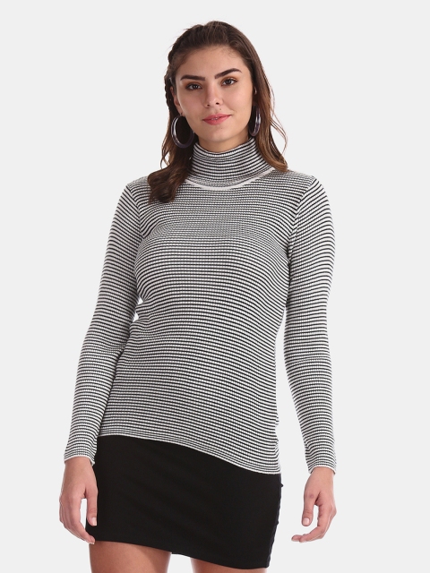 

Cherokee Women White & Black Self-Striped Turtle Neck Pullover Sweater