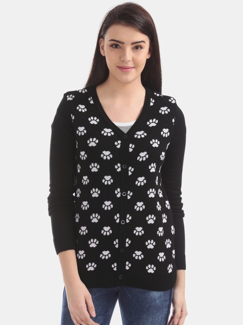 

Cherokee Women Black & White Paw Self Design Cardigan