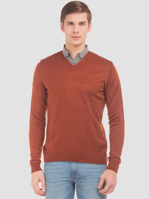 

Ruggers Men Rust Orange Solid Contrast Button-Down Collar Pullover