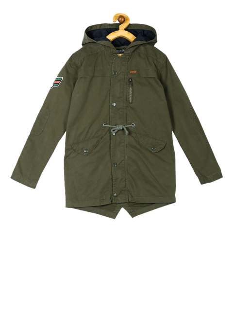 

Cherokee Boys Olive Green Solid Hooded Parka