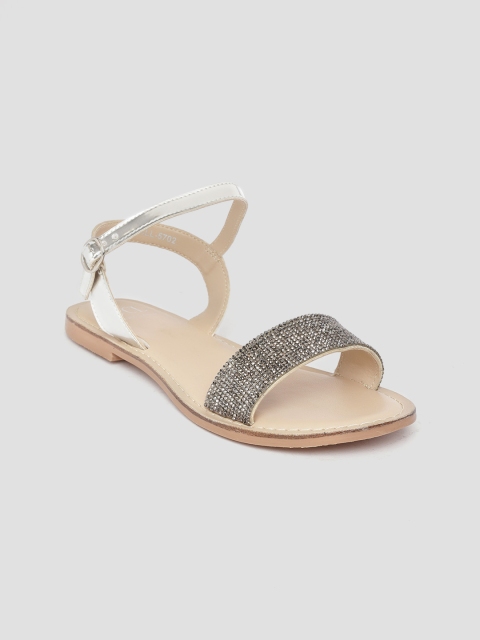 

MS. CL by Carlton London Women Gunmetal-Toned & Silver-Toned Studded Open Toe Flats, Metallic