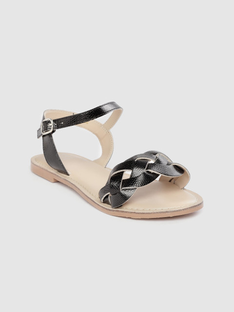 

MS. CL by Carlton London Women Black Snakeskin Textured Braided Open Toe Flats