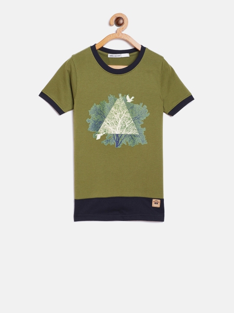 

Nins Moda Boys Olive Green Printed Round Neck T-shirt