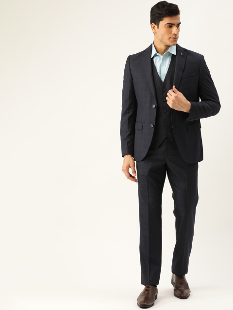 

Blackberrys Men Navy Blue Checked Slim Fit Single-Breasted Formal 3-Piece Suit