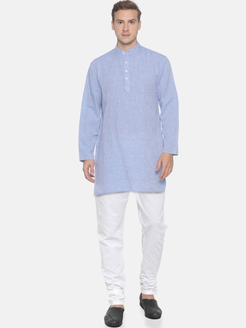 

Sethukrishna Men Blue & White Solid Linen Kurta with Pyjamas