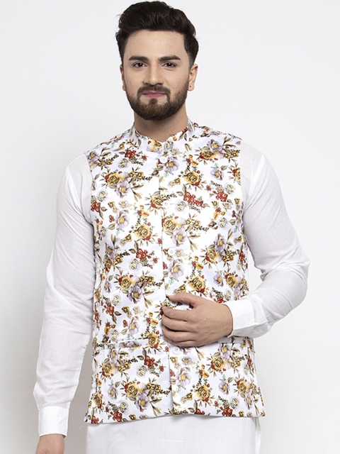 

Jompers Men White Floral Printed Nehru Jacket