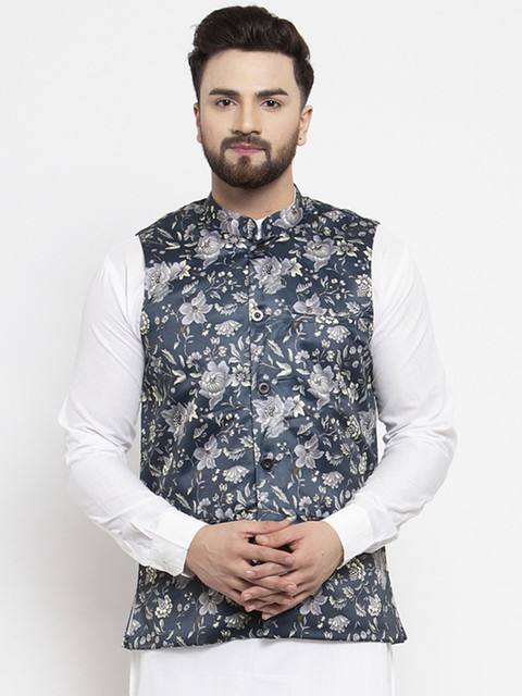 

Jompers Men Navy Blue & Grey Floral Printed Nehru Jacket