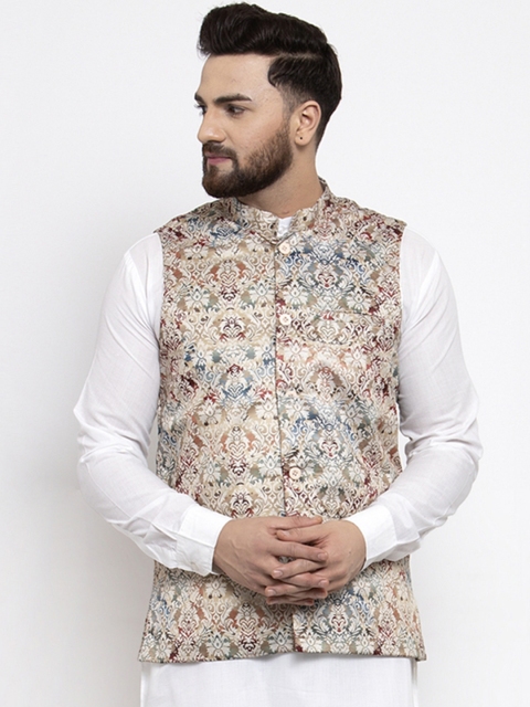 

Jompers Men White Beige & Blue Printed Satin Nehru Jacket
