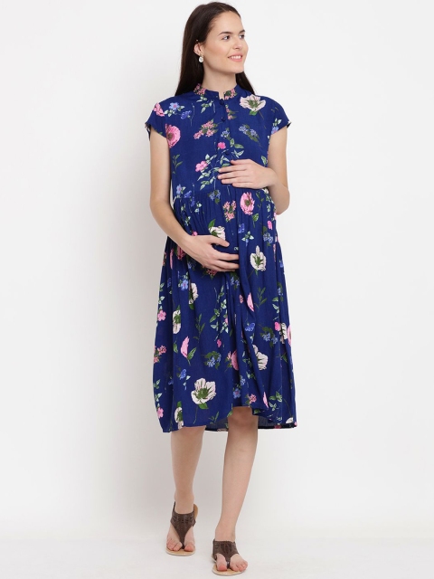 

Mine4Nine Women Navy Blue and Pink Floral Printed Fit and Flare Maternity Dress