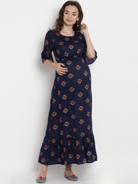 

Mine4Nine Women Navy Blue and Red Printed Maternity Maxi Dress