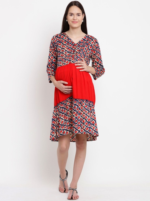 

Mine4Nine Women Red Printed A-Line Maternity Dress