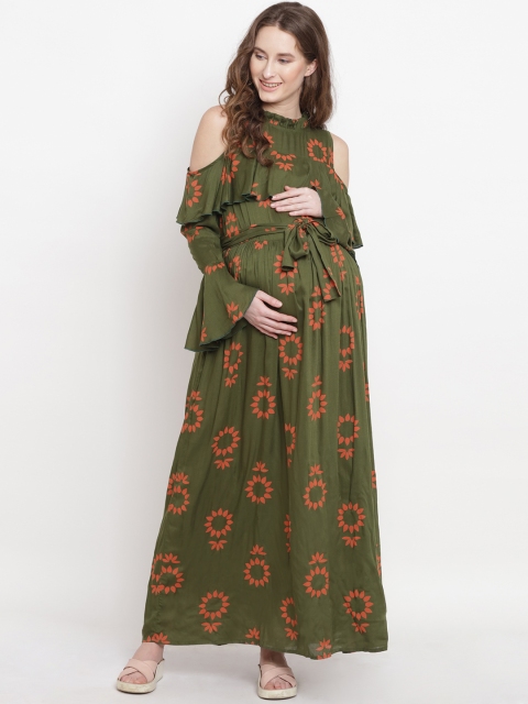 

Mine4Nine Women Green Printed Maternity Maxi Dress