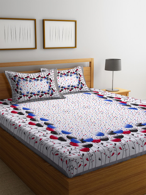 

DREAM WEAVERZ White & Blue Floral 300 TC Cotton 1 Queen Bedsheet with 2 Pillow Covers