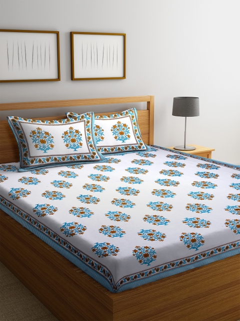 

DREAM WEAVERZ White & Blue Ethnic Motifs 300 TC Cotton 1 Queen Bedsheet with 2 Pillow Covers