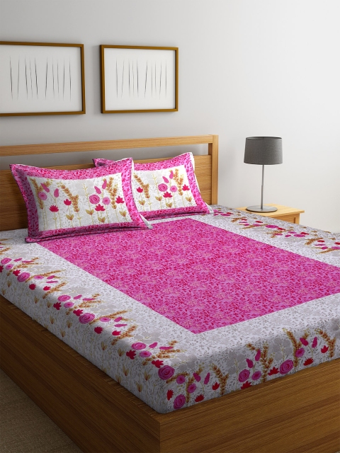 

DREAM WEAVERZ White & Pink Floral 300 TC Cotton 1 Queen Bedsheet with 2 Pillow Covers