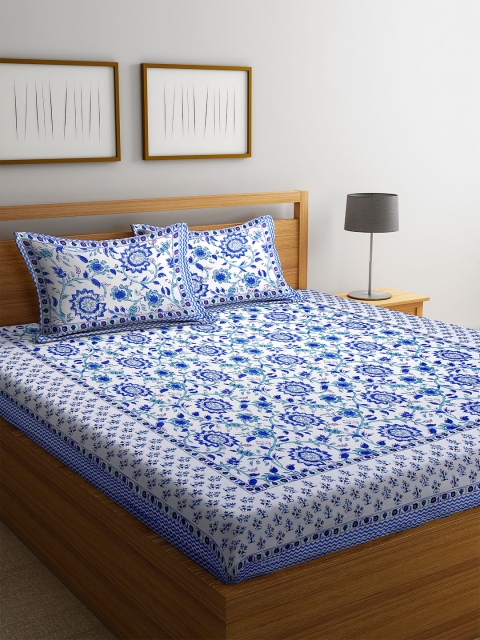 

DREAM WEAVERZ White & Blue Floral 300 TC Cotton 1 Queen Bedsheet with 2 Pillow Covers