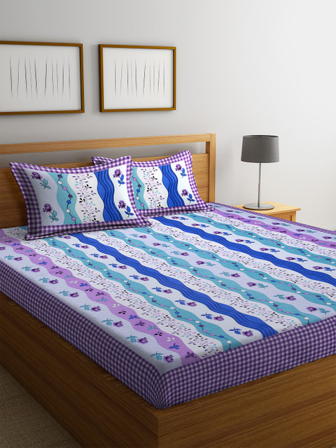 

DREAM WEAVERZ Purple & White Floral 300 TC Cotton 1 Queen Bedsheet with 2 Pillow Covers
