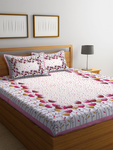 

DREAM WEAVERZ White & Pink Floral 300 TC Cotton 1 Queen Bedsheet with 2 Pillow Covers