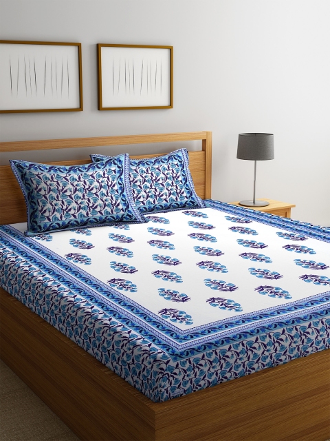

DREAM WEAVERZ White & Blue Ethnic Motifs 300 TC Cotton 1 Queen Bedsheet with 2 Pillow Covers