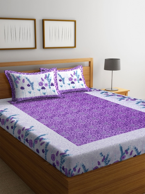 

DREAM WEAVERZ White & Purple Floral 300 TC Cotton 1 Queen Bedsheet with 2 Pillow Covers