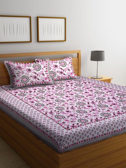 

DREAM WEAVERZ White & Grey Floral 300 TC Cotton 1 Queen Bedsheet with 2 Pillow Covers