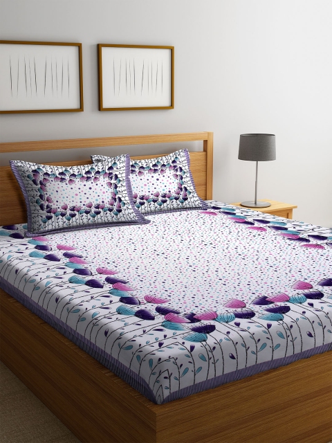 

DREAM WEAVERZ White & Purple Floral 300 TC Cotton 1 Queen Bedsheet with 2 Pillow Covers