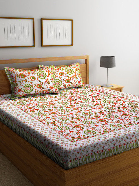 

DREAM WEAVERZ White & Green Floral 300 TC Cotton 1 Queen Bedsheet with 2 Pillow Covers
