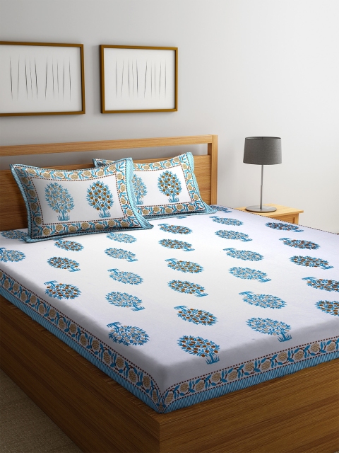

DREAM WEAVERZ White & Blue Floral 300 TC Cotton 1 Queen Bedsheet with 2 Pillow Covers