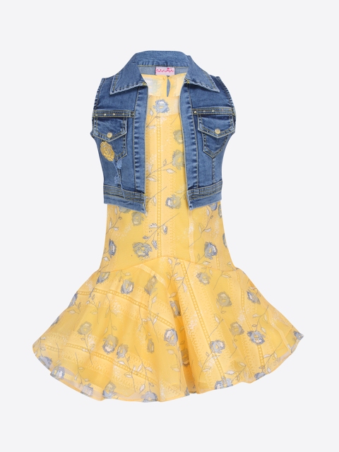 

CUTECUMBER Girls Yellow Printed Fit and Flare Dress with Denim Shrug