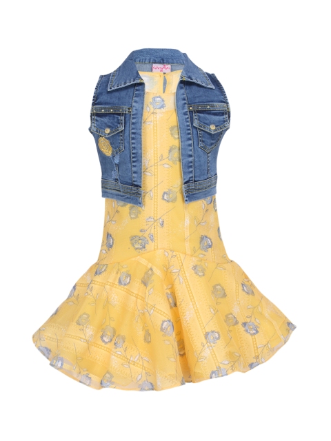

CUTECUMBER Girls Yellow Printed Fit and Flare Dress with Denim Shrug