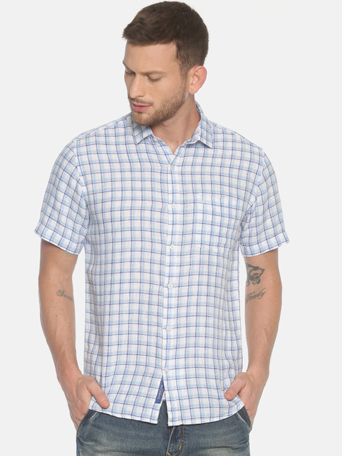 

Linen Club Men White & Blue Regular Fit Checked Linen Casual Shirt