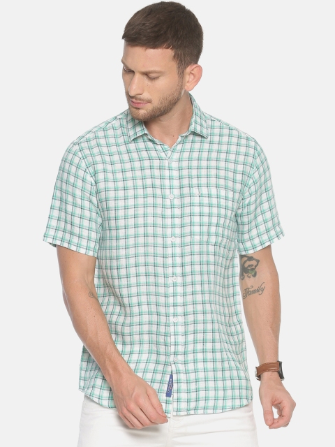 

Linen Club Men Green & White Regular Fit Checked Linen Casual Shirt